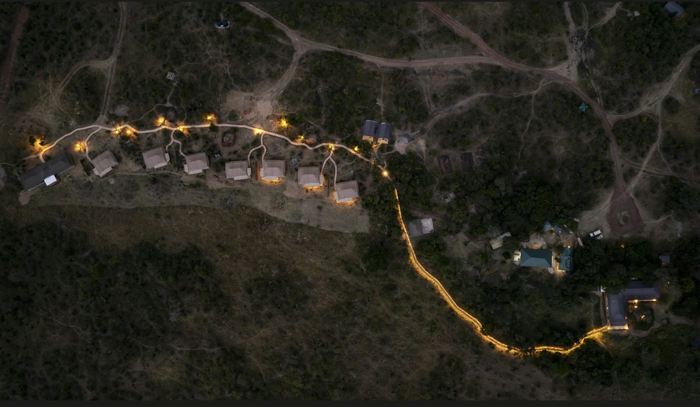Aerial view of the camp and surrounding riverine trees at Entim Mara Camp