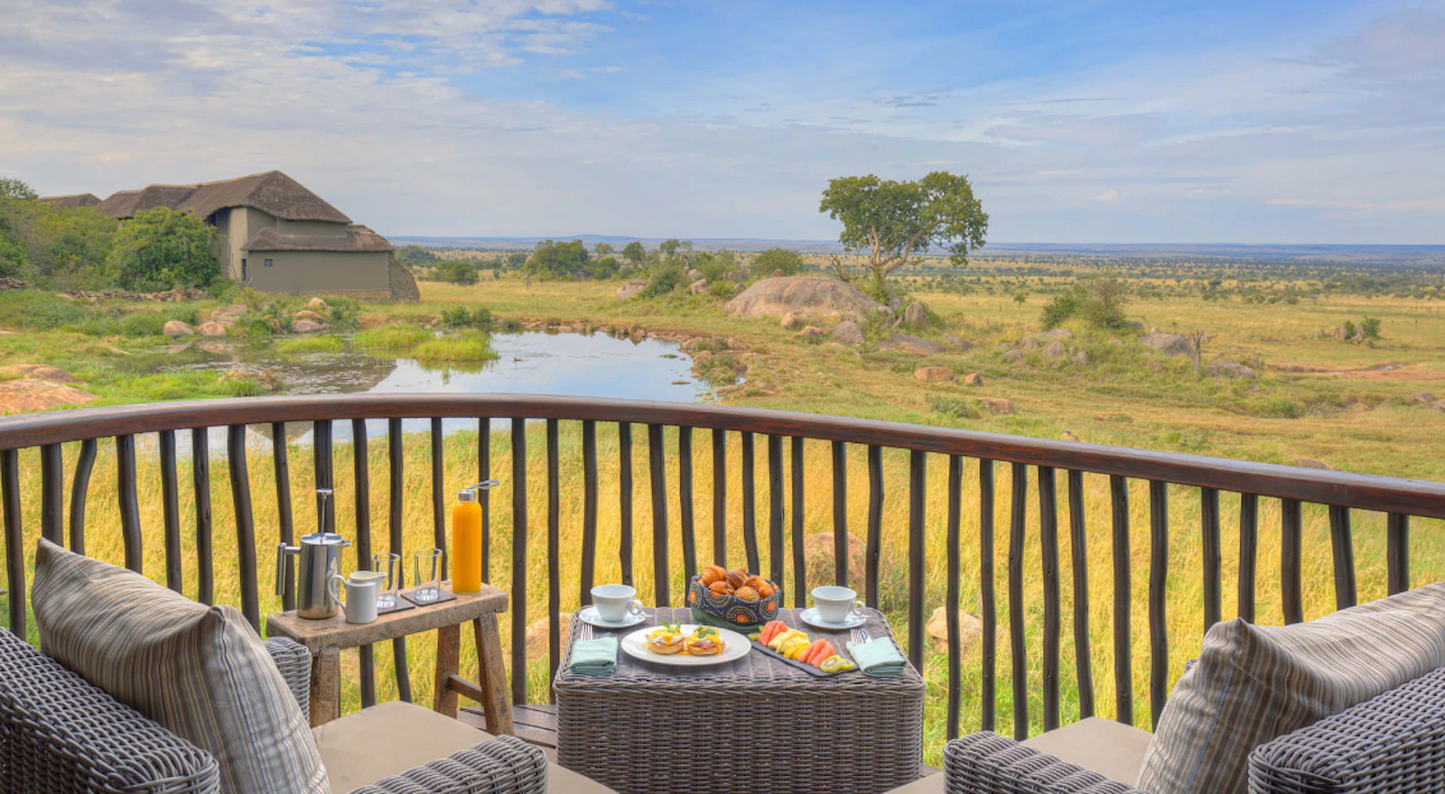 Terrace overlooking the watering hole at Four Seasons Safari Lodge Serengeti