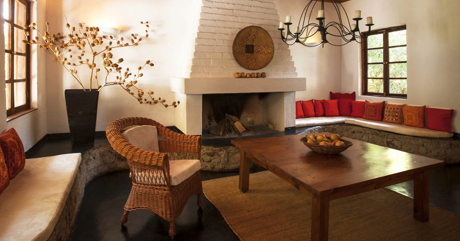Garden House lounge and fireplace at The Plantation Lodge