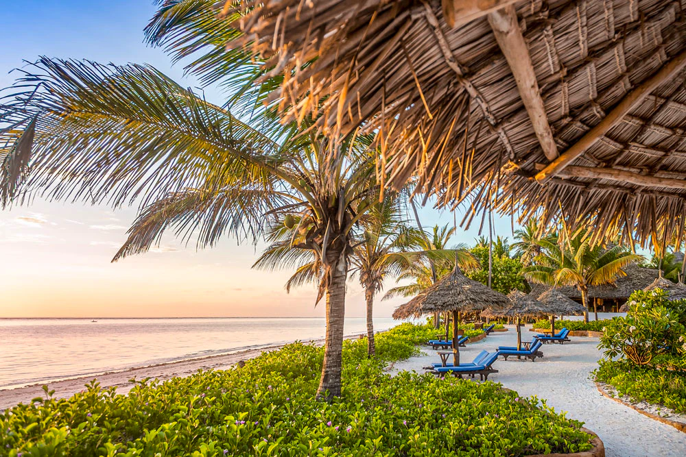 Tropical beach beside a Zanzibar hotel