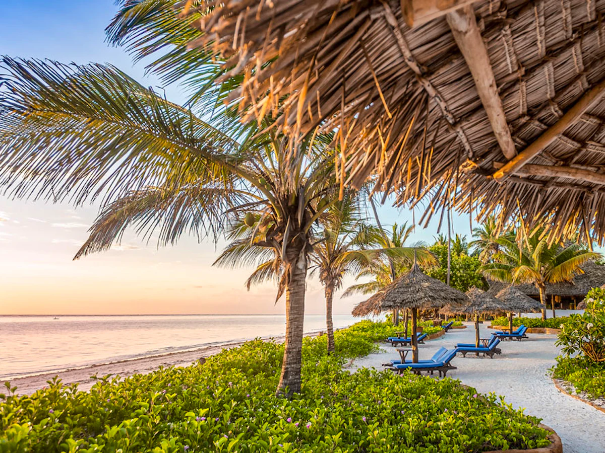 Palm-lined beach and turquoise Indian Ocean beside a Zanzibar hotel