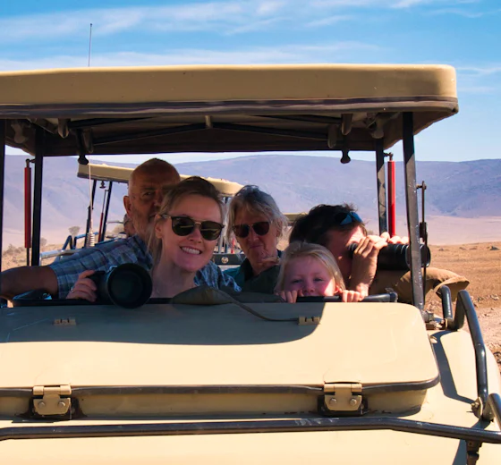 Travellers on safari in the Ngorongoro region, Tanzania