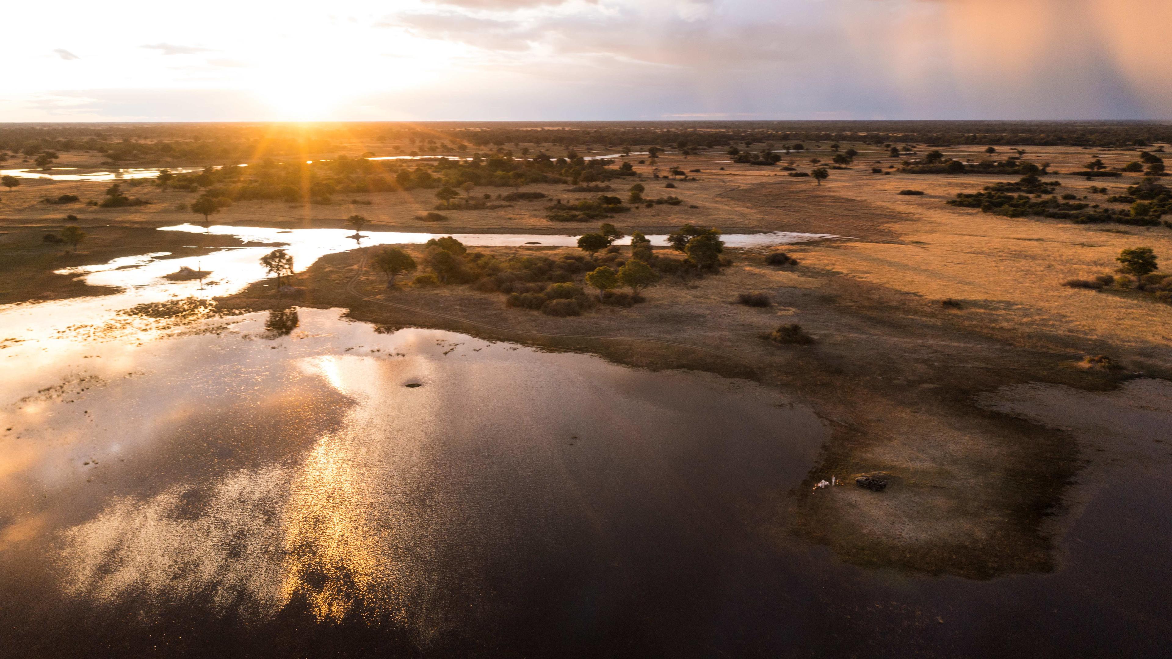 Okavango Delta waterways and floodplains at sunset