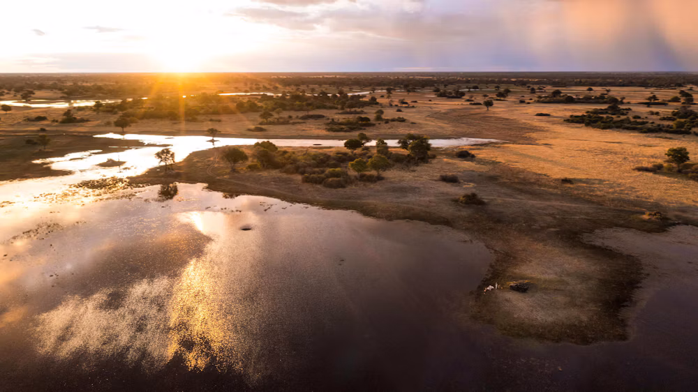 Aerial sunrise over the waterways and islands of the Okavango Delta, Botswana