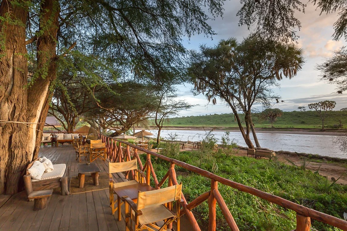 Guest veranda overlooking the Ewaso Nyiro River at Elephant Bedroom Camp