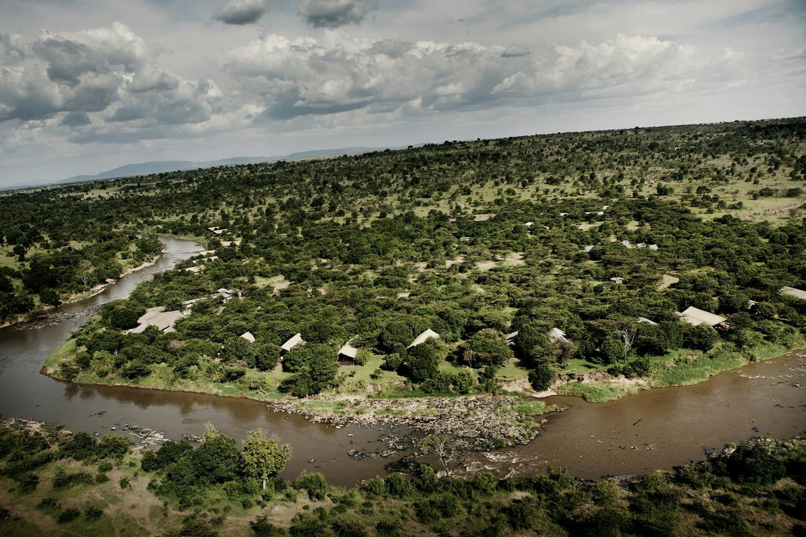 Aerial view of the riverside camp at Karen Blixen Camp