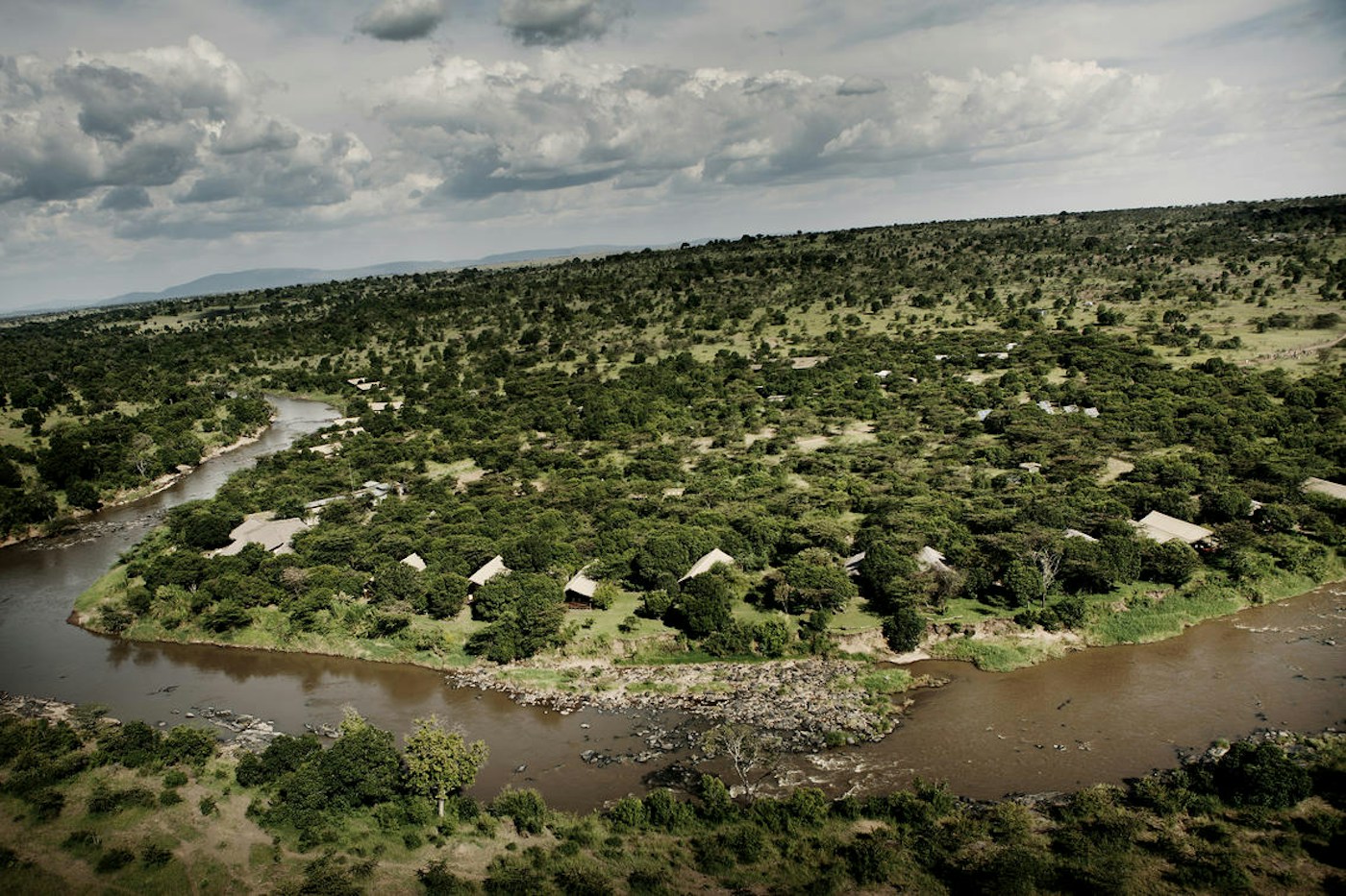 Aerial view of the riverside camp at Karen Blixen Camp