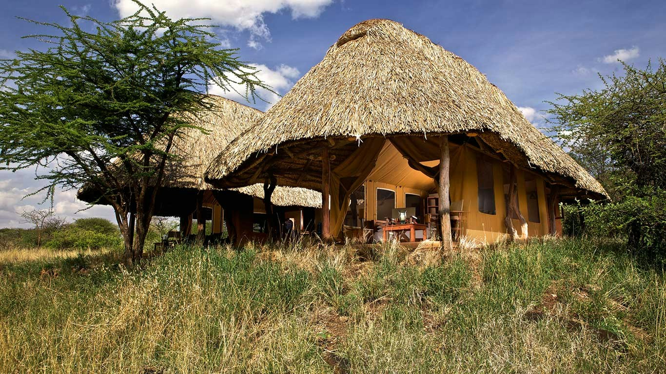 Thatched guest tent in the conservancy at Lewa Safari Camp