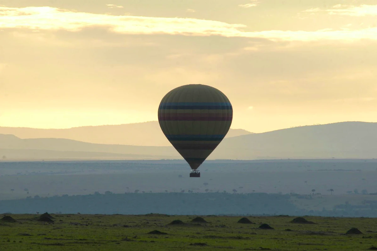 Hot air balloon silhouetted against a golden African sunrise