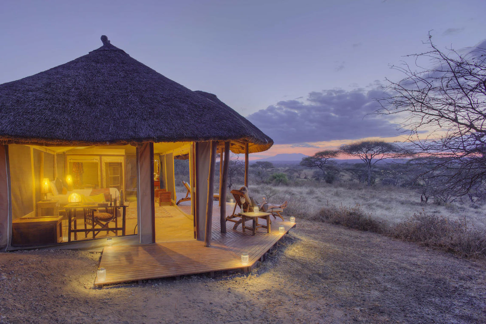 Guest tent at dusk at Oliver's Camp