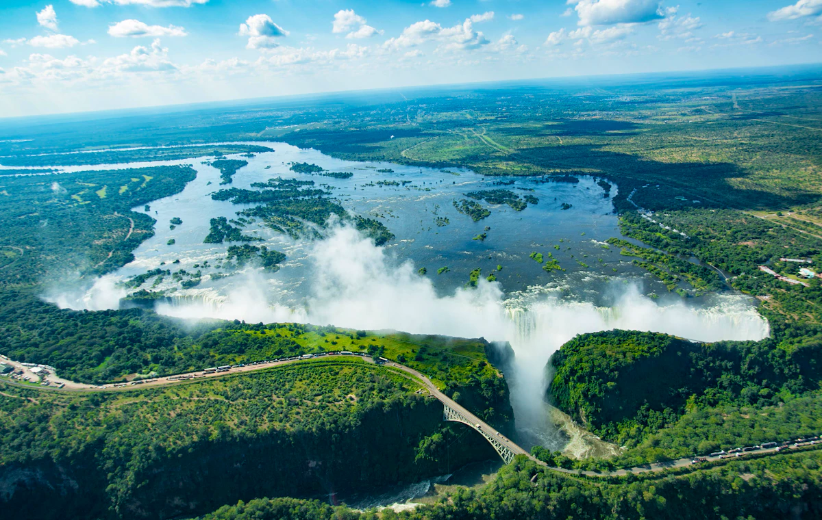 Aerial view of Victoria Falls, its gorge and the broad Zambezi River