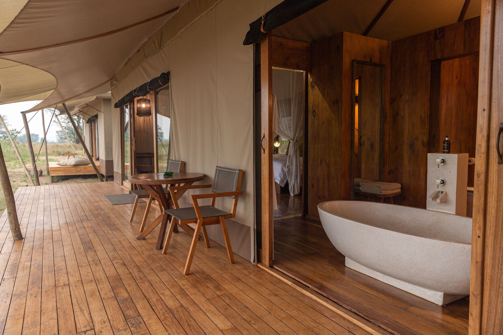 Bathroom and guest deck at Sayari Camp
